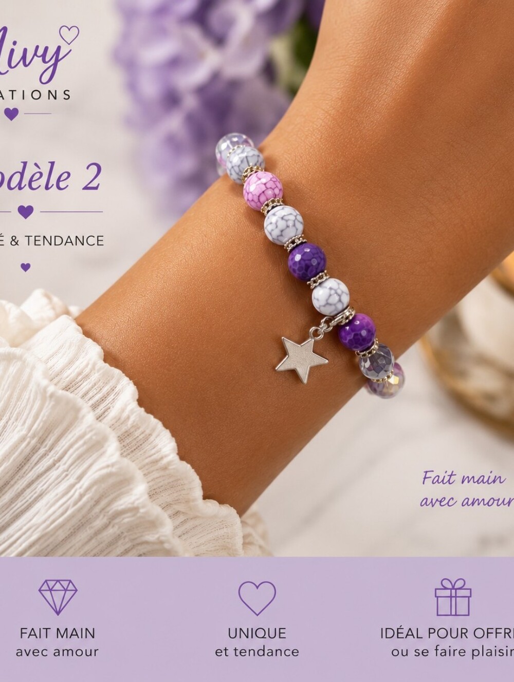 Purple & Pink Marbled Bead Bracelet with Star Charm